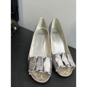 Stuart Weitzman Gigiritz Open Toe Pump Size 8 M Silver Gray Satin Heels